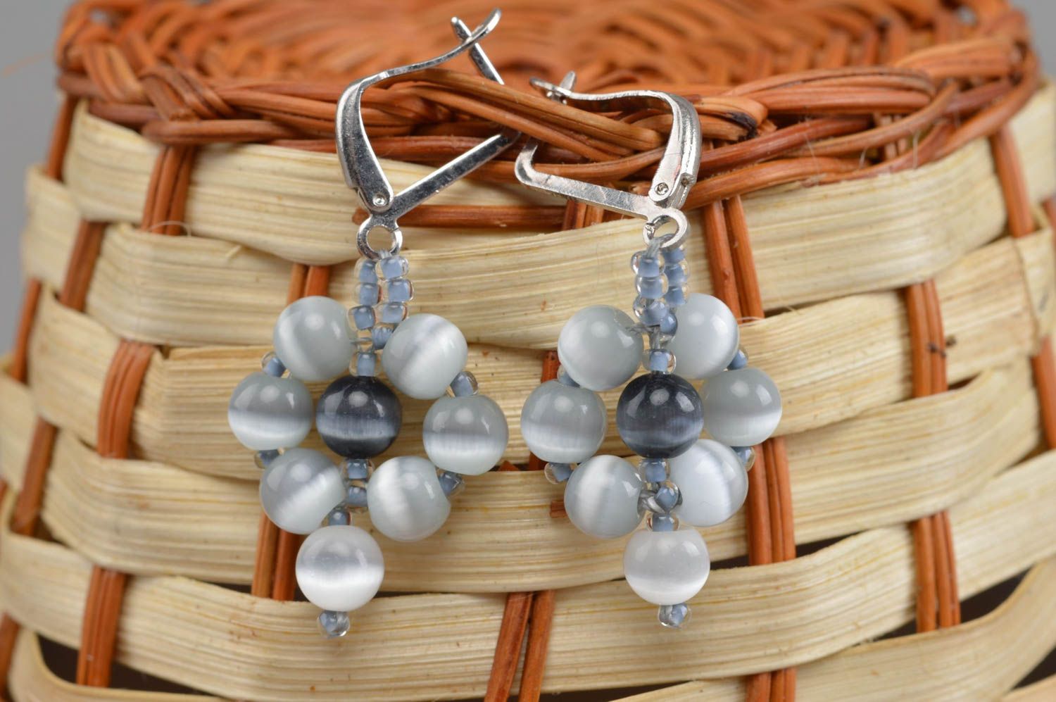 Handmade cat's-eye earrings beaded jewelry accessory with natural stones photo 1