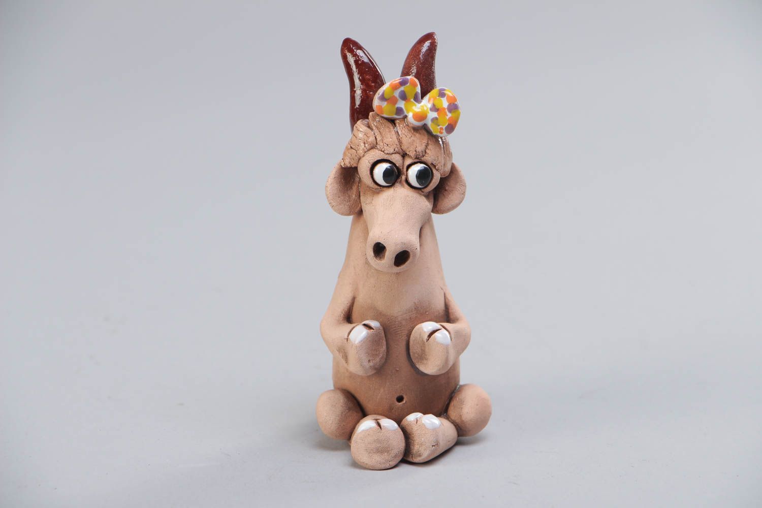 Small bright handmade painted clay interior statuette of goat photo 2