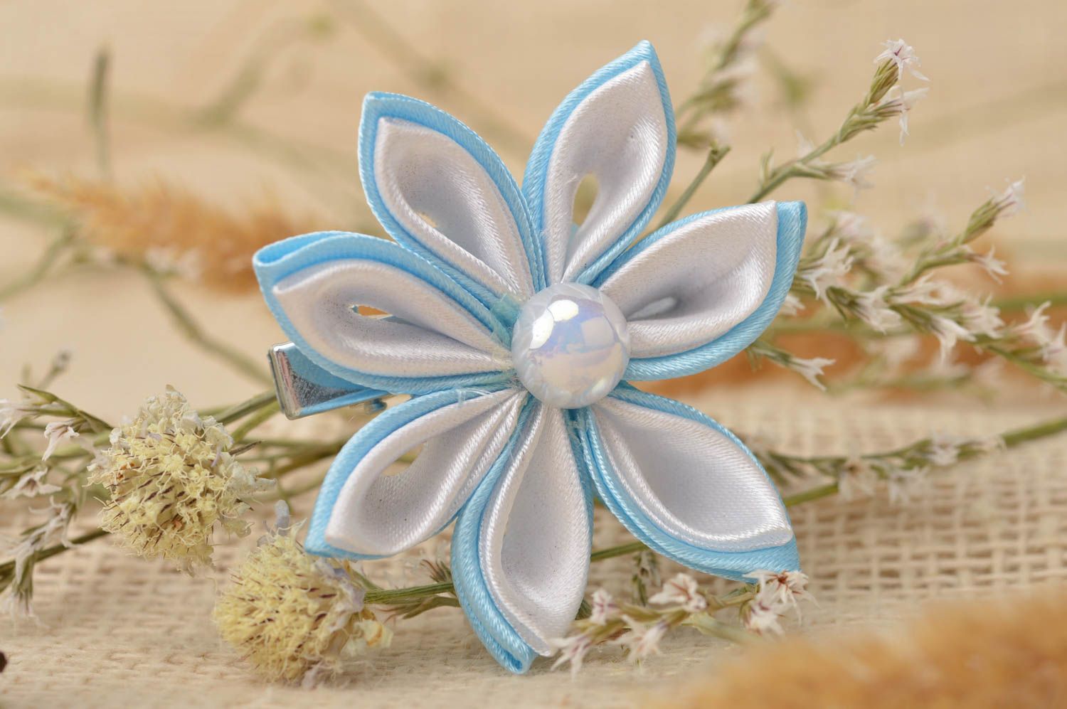 Flower hair clip kanzashi flower handmade jewelry designer accessories gift idea photo 1