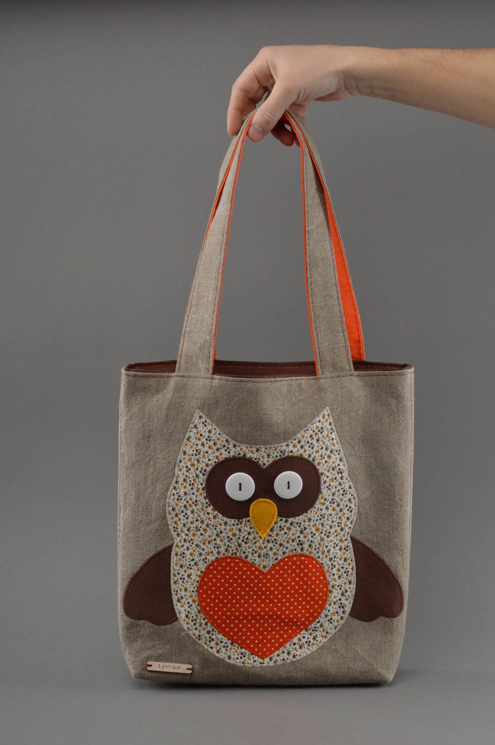Beautiful unusual handmade linen shoulder bag convenient women's accessory Owl photo 4