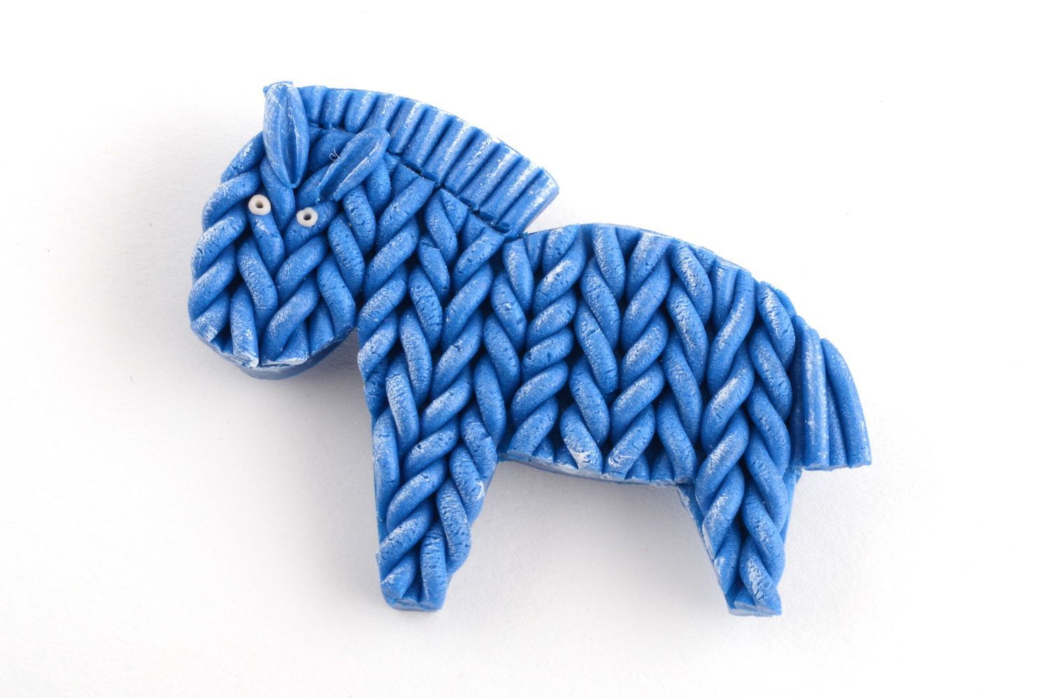 Handmade brooch made of polymer clay small blue pony with imitation of knitting photo 2