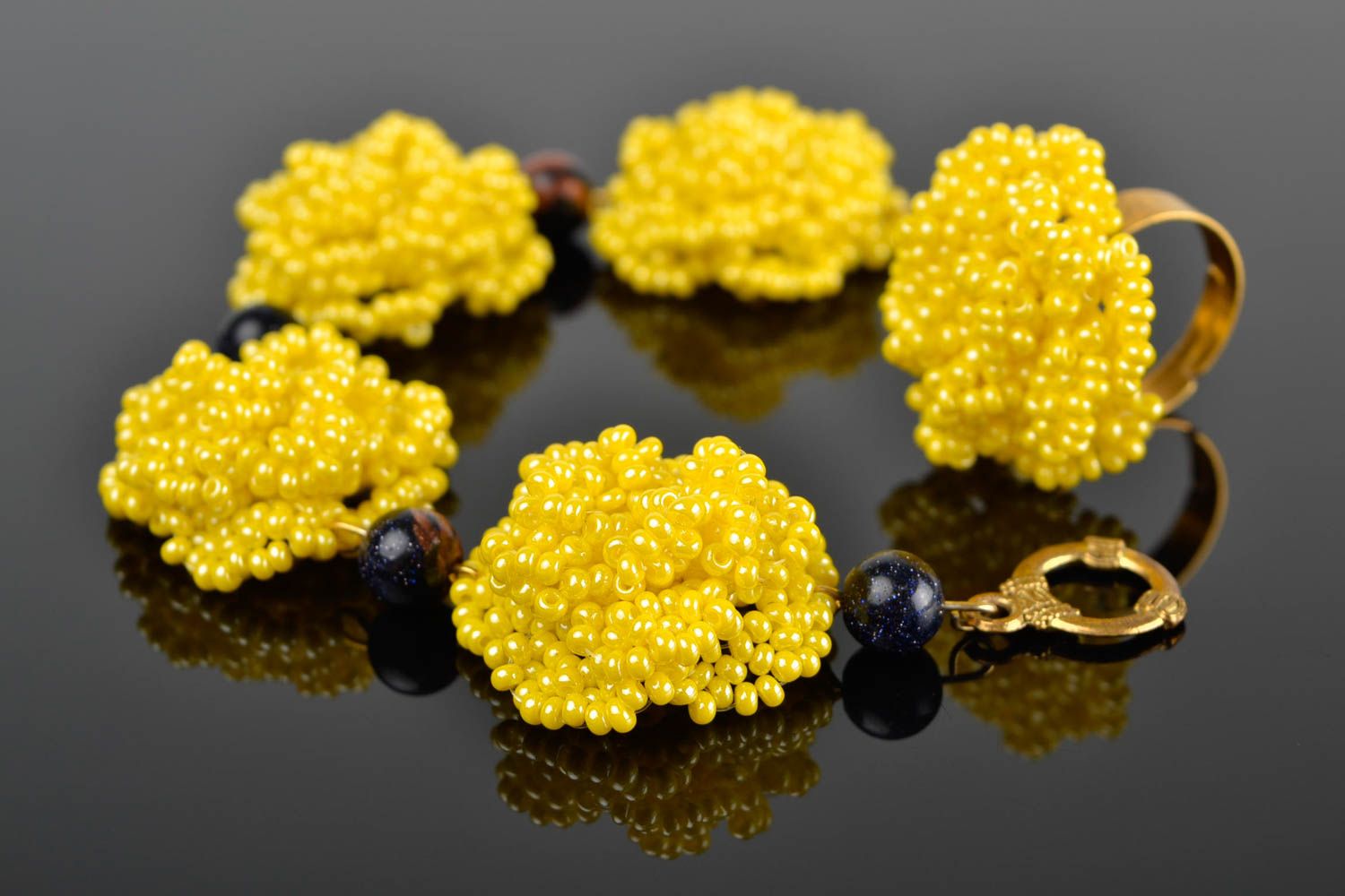 Parure de bijoux Bracelet et bague fait main jaunes perles rocaille Cadeau femme photo 1