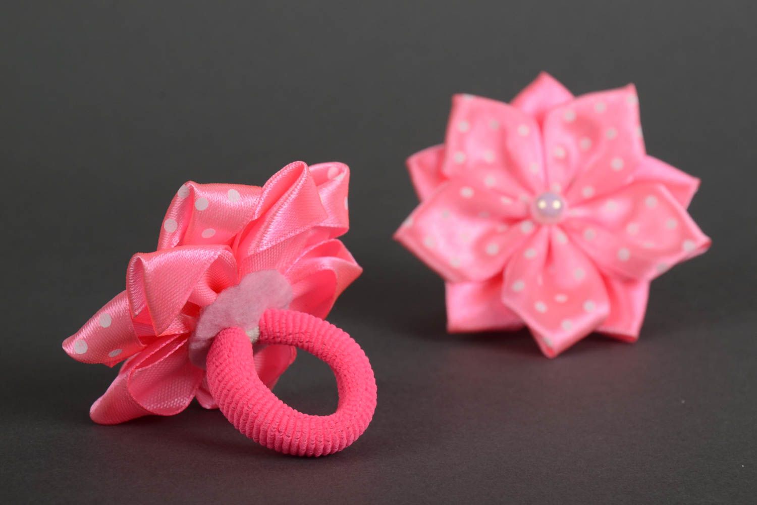 Set of 2 homemade decorative hair ties with pink kanzashi flowers for girls photo 3