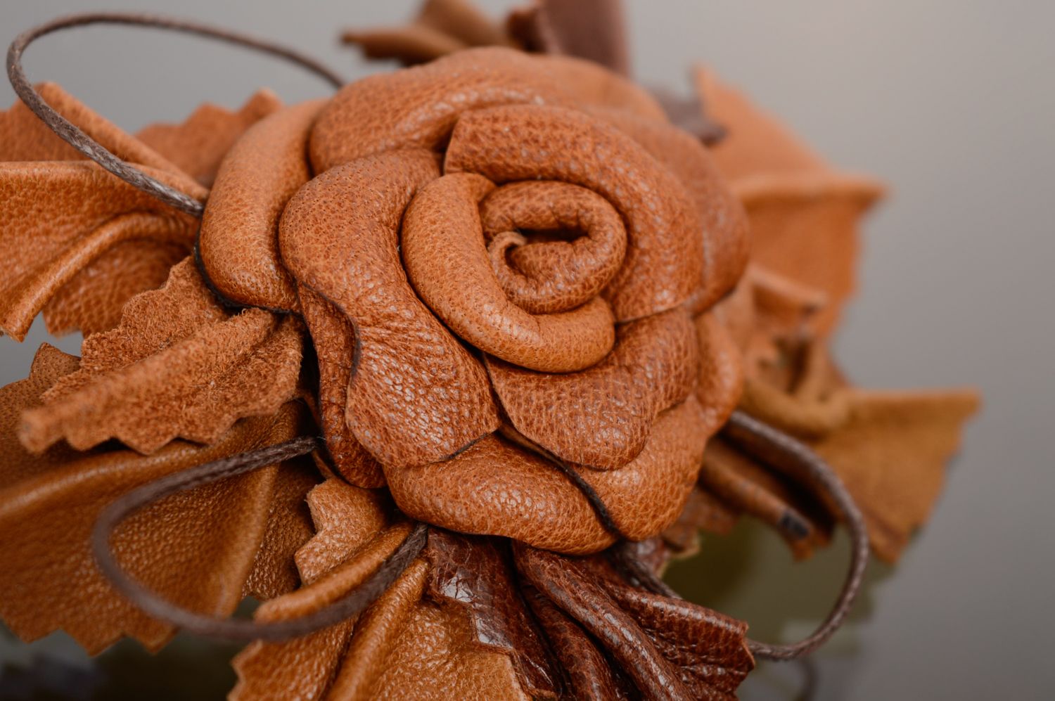 Leather floral brooch-hair clip of ginger color photo 3