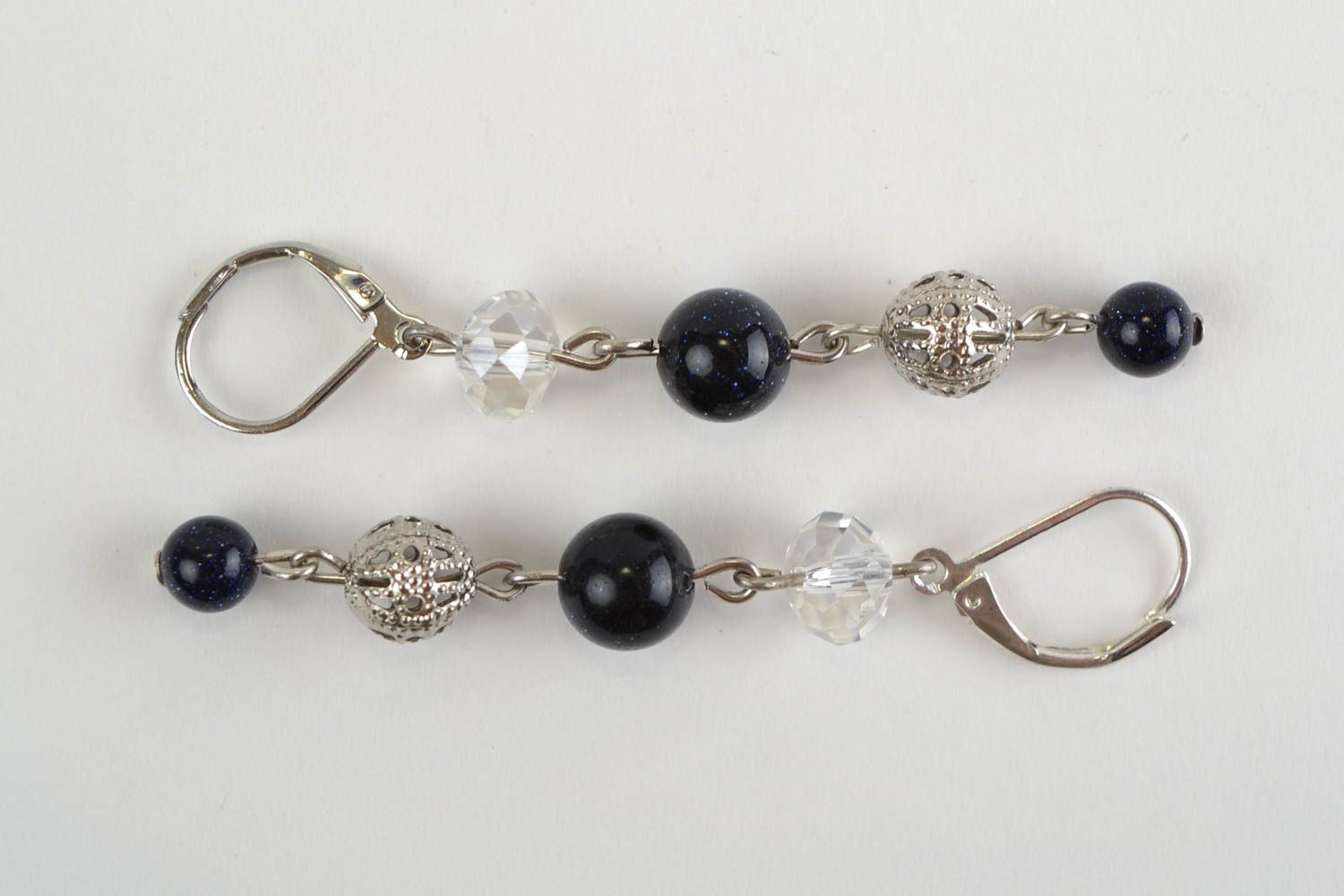 Handmade long dangling designer earrings with aventurine and crystal Black Berry photo 3