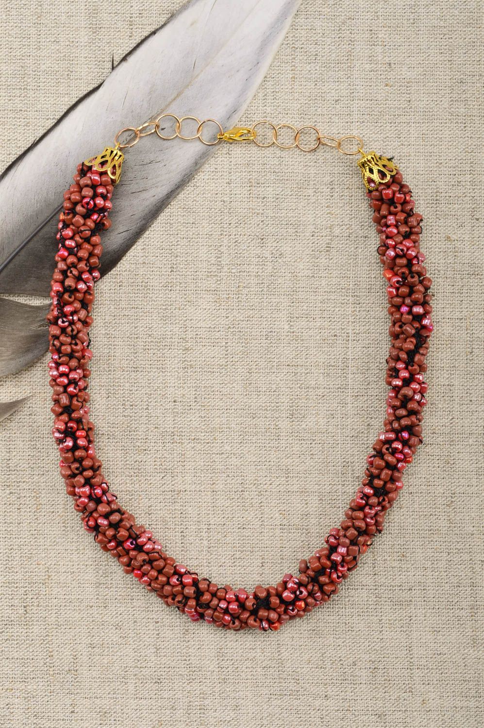 Collier en perles de rocaille Bijou fait main marron-rose Cadeau femme photo 1