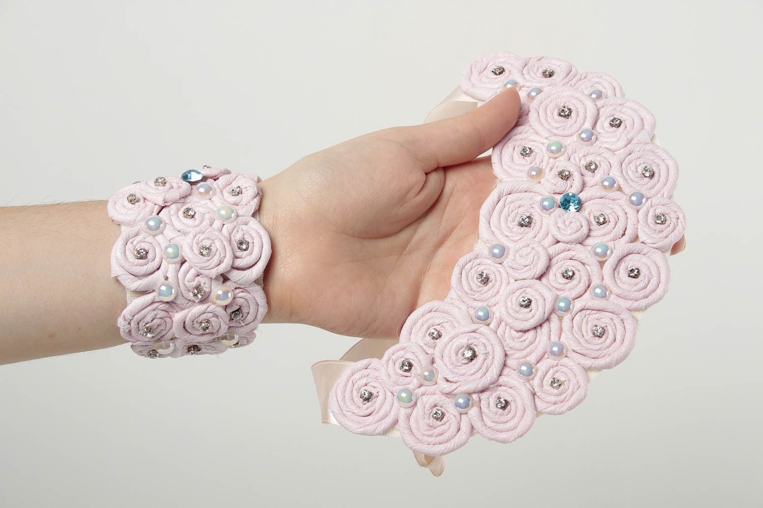 Колье из ткани украшения ручной работы широкий браслет розовые светлые фото 2