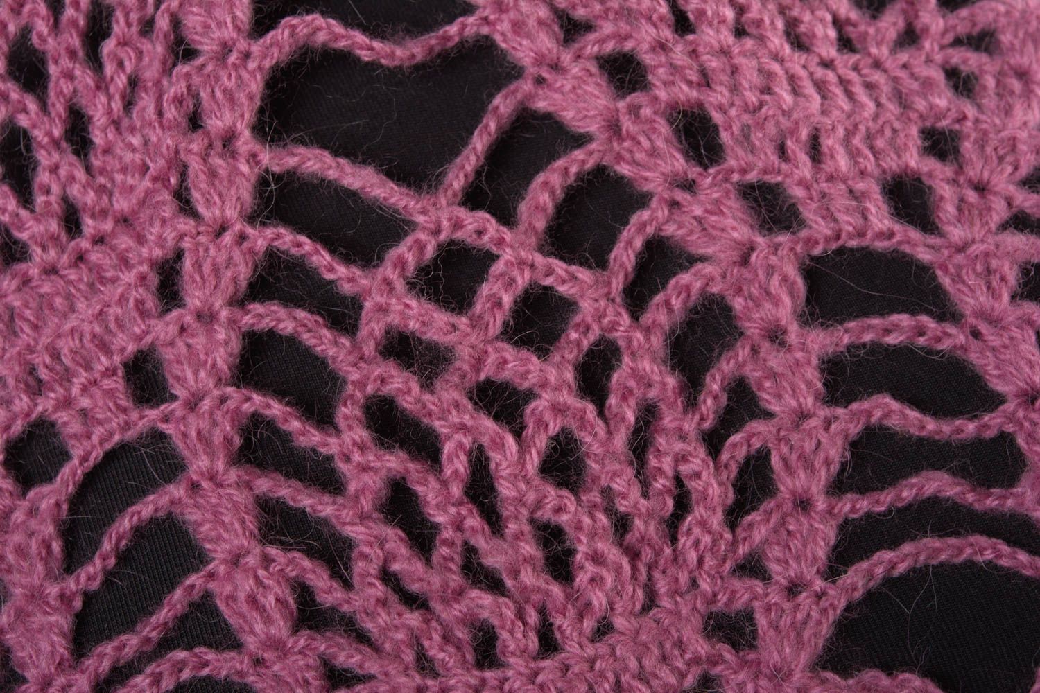 Handmade warm lace shawl knitted of woolen threads of pink color with fringe photo 4