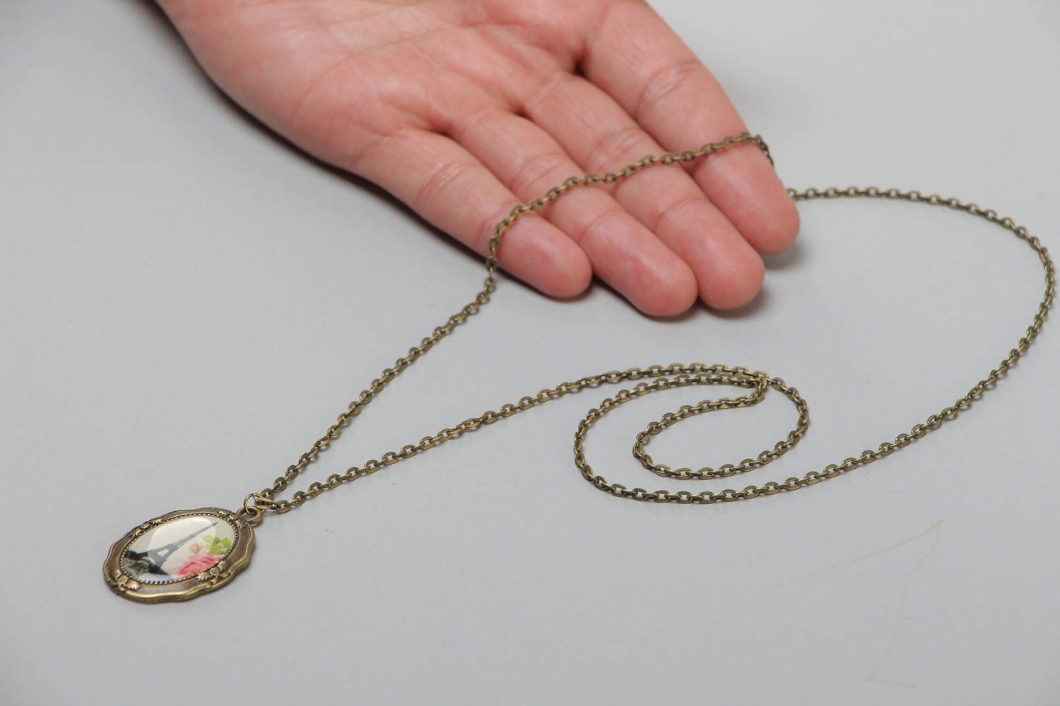 Beautiful handmade oval glass glaze neck pendant with print photo 5