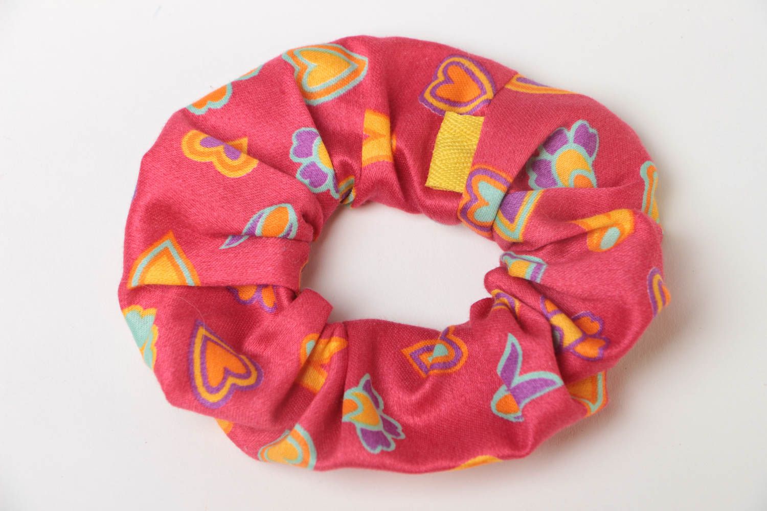 Handmade decorative bright colorful fabric hair tie with hearts pattern photo 2