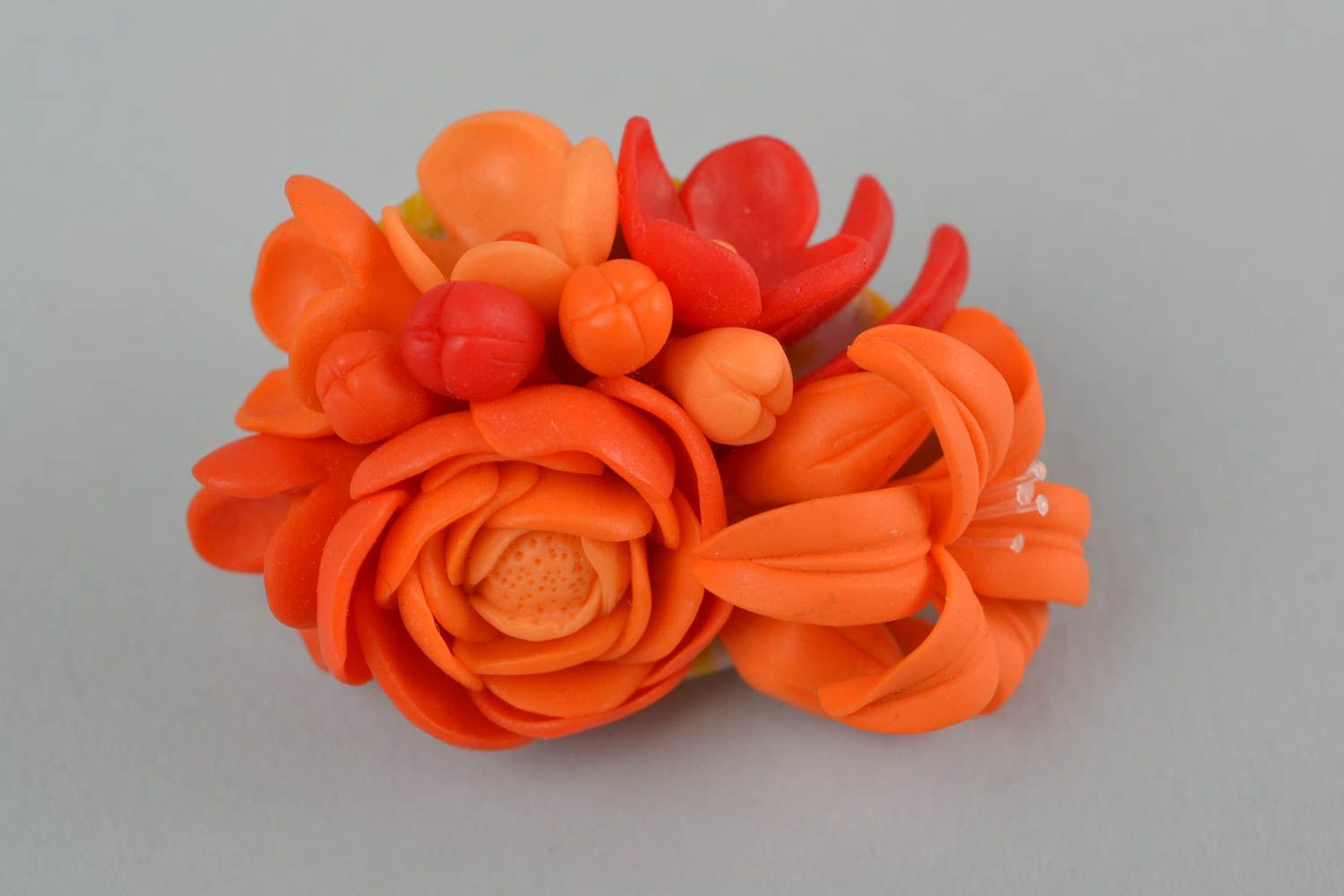 Unusual handmade designer bright orange polymer clay flower brooch Lilies photo 3