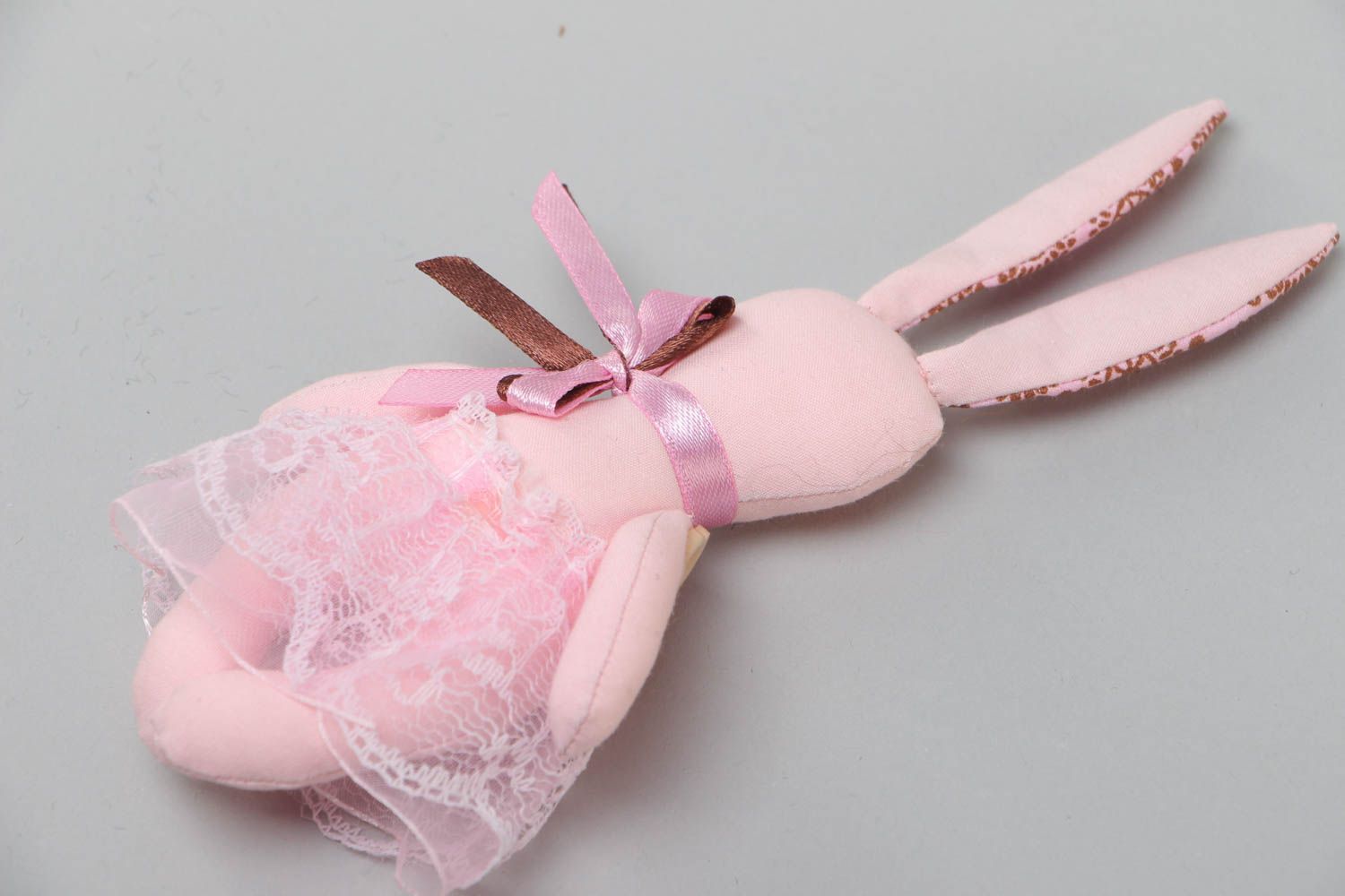 Handmade decorative pink bunny toy made of fabric present for children  photo 4