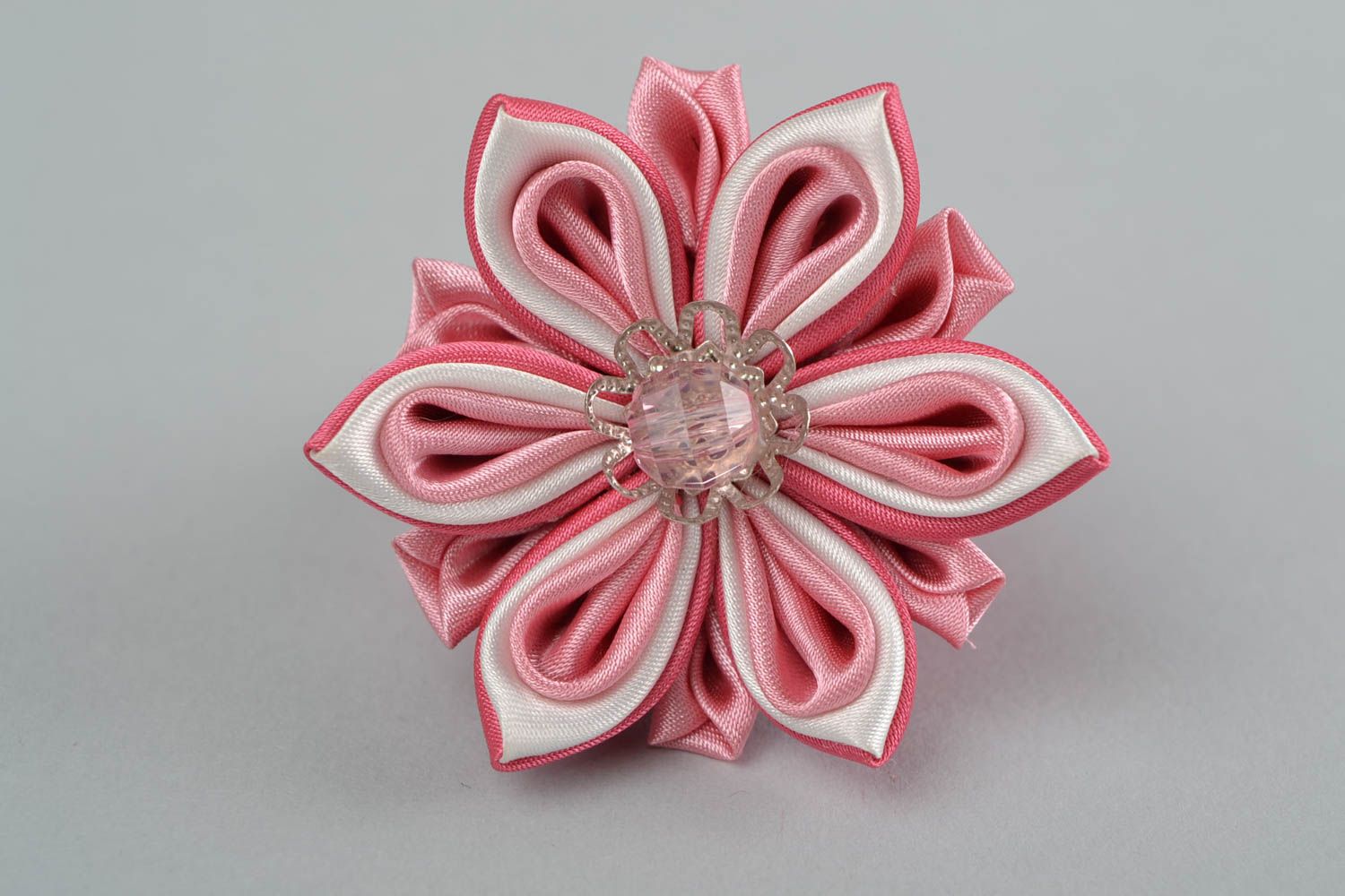 Pink handmade hair tie made of satin ribbons in shape of flower for kids photo 2