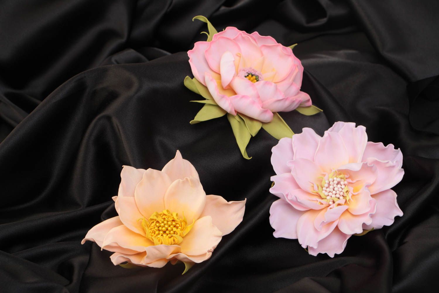 Set of 3 handmade decorative hair clips brooches with tender foamiran flowers photo 1