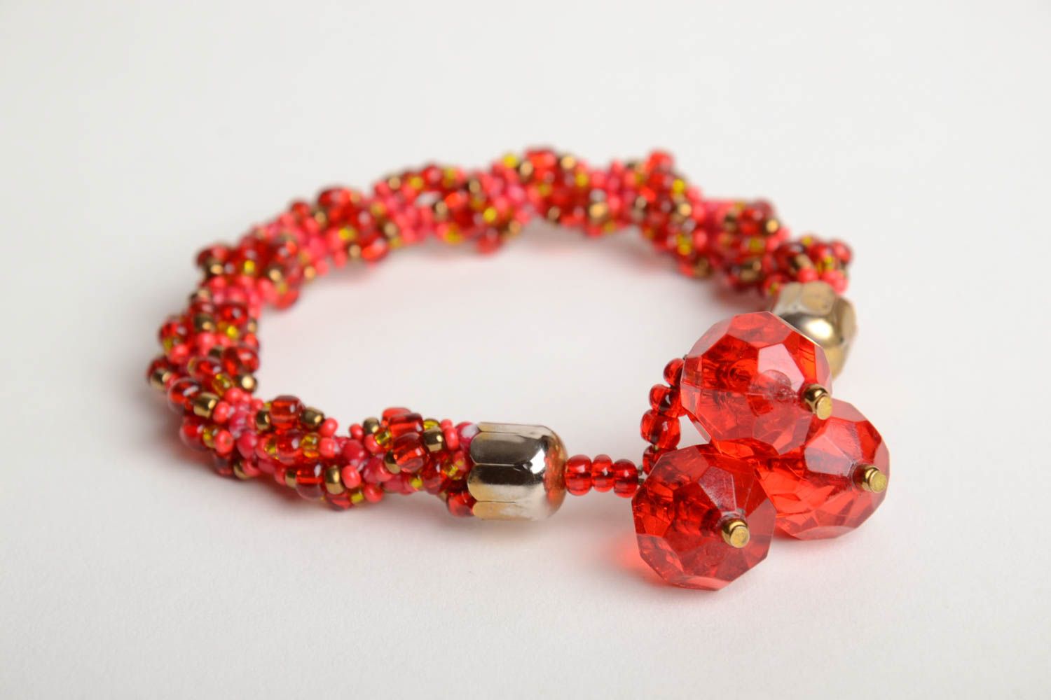 Handmade red designer beaded cord wrist bracelet with large faceted beads photo 5