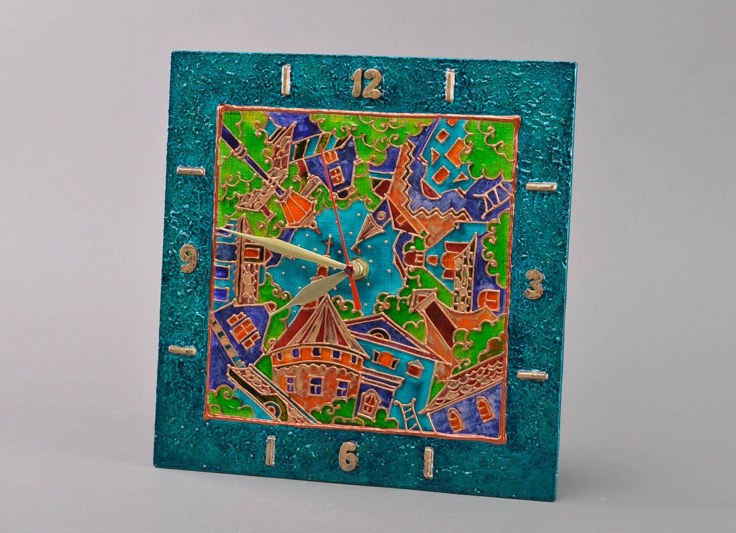 Horloge murale en verre carrée peinte multicolore originale faite main photo 1