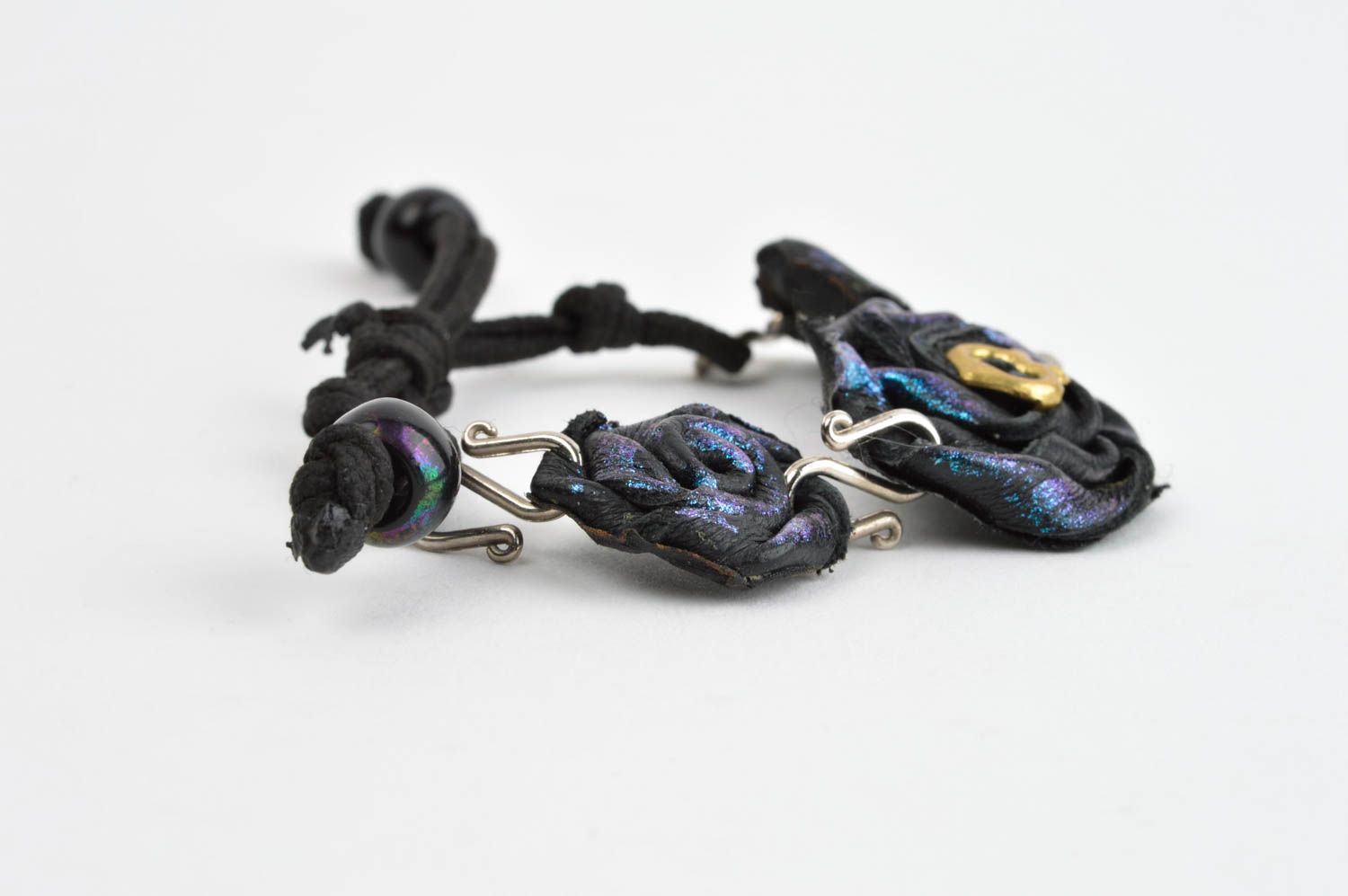 Браслет ручной работы дизайнерское украшение браслет из кожи черно синий фото 2