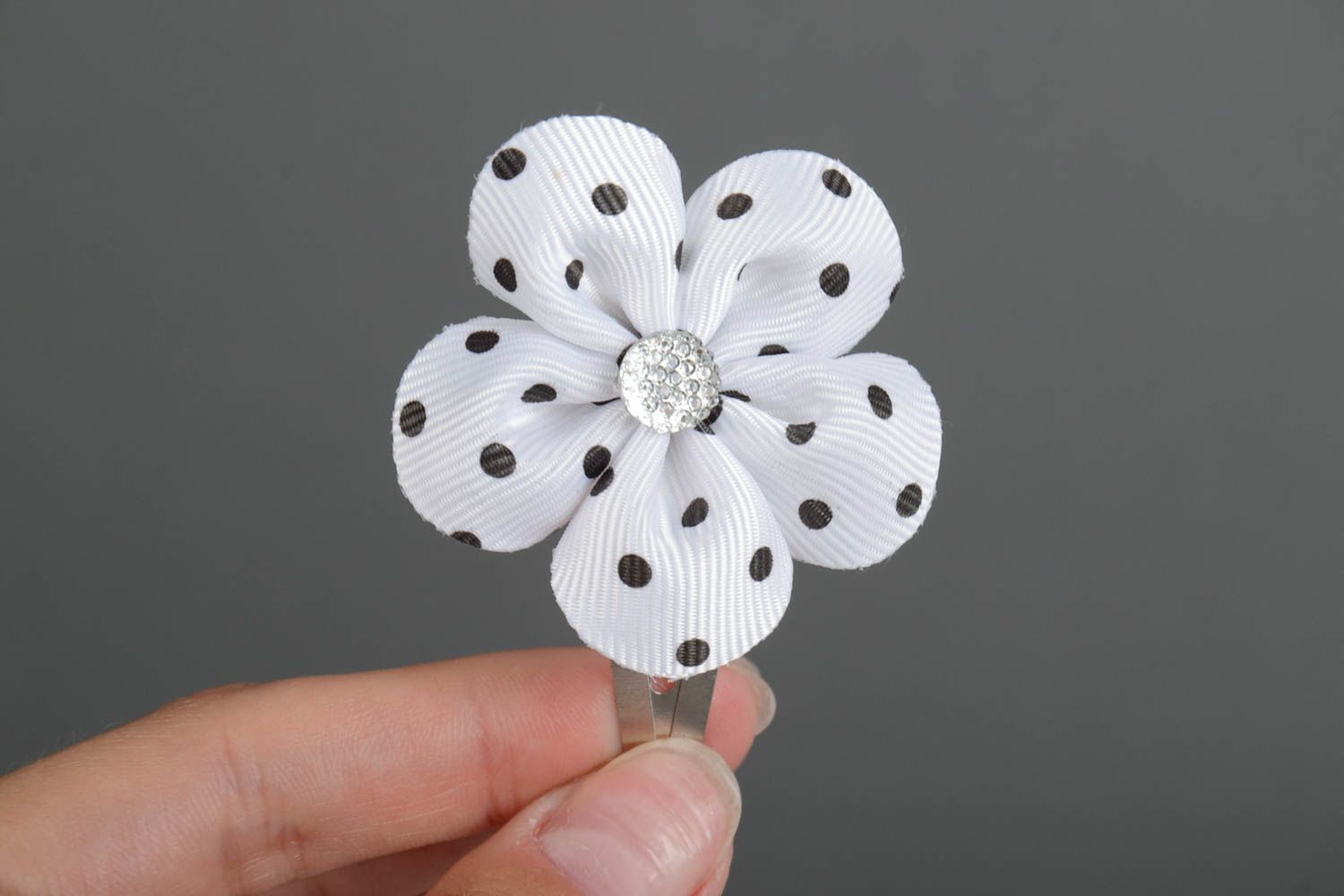 Beautiful satin ribbon flower hair clip of white color with black dots photo 5