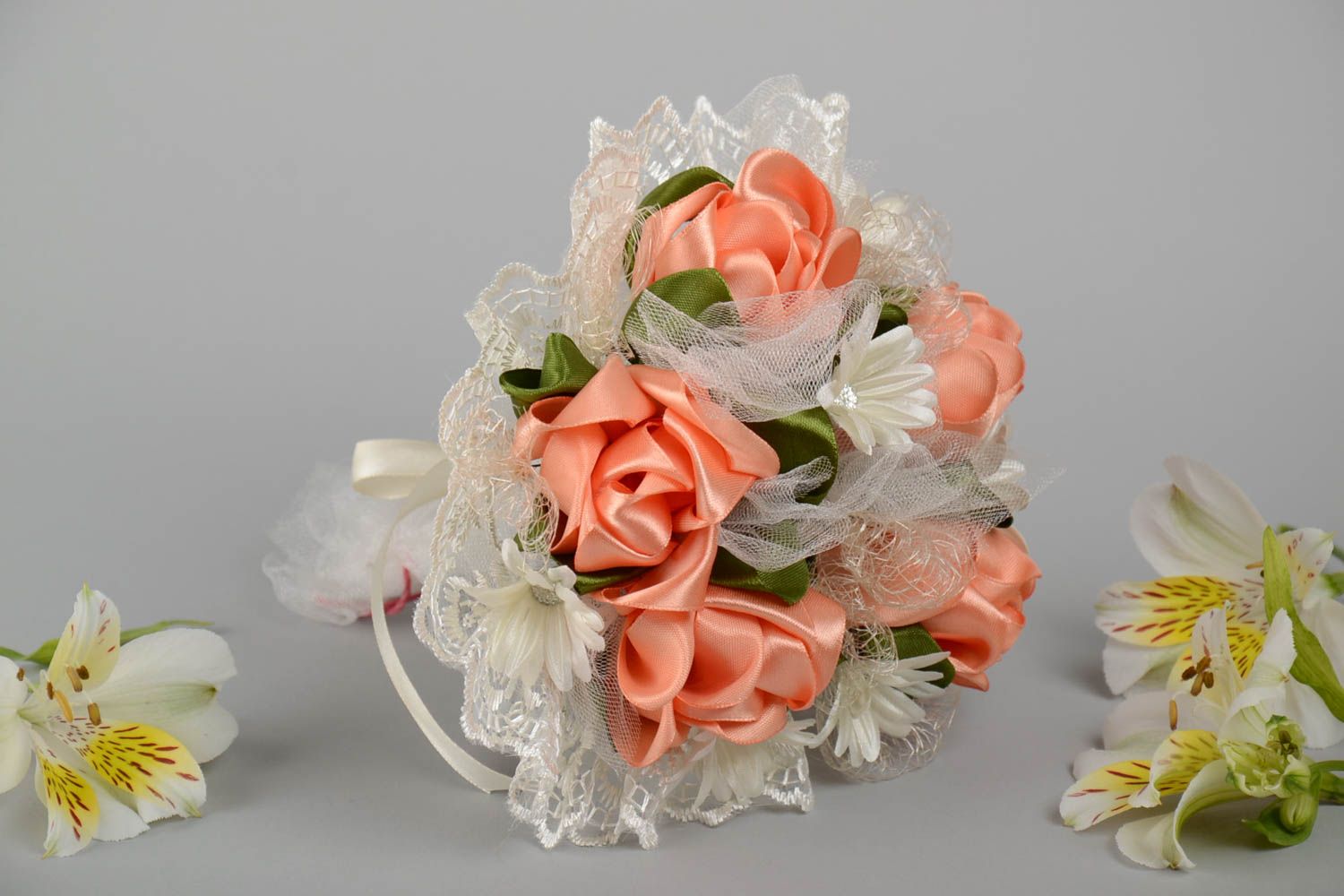 Pink Satin Rose Bouquet Handmade Ribbon Artificial Flowers 