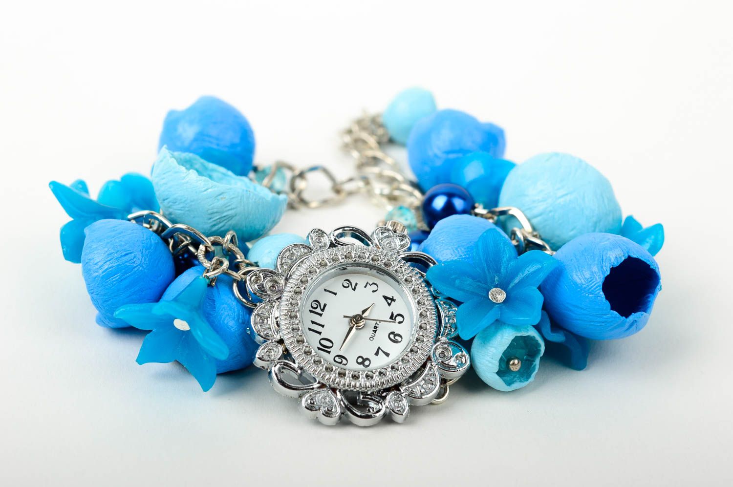 Montre design faite main Accessoire femme bracelet fleurs bleues Cadeau femme photo 2