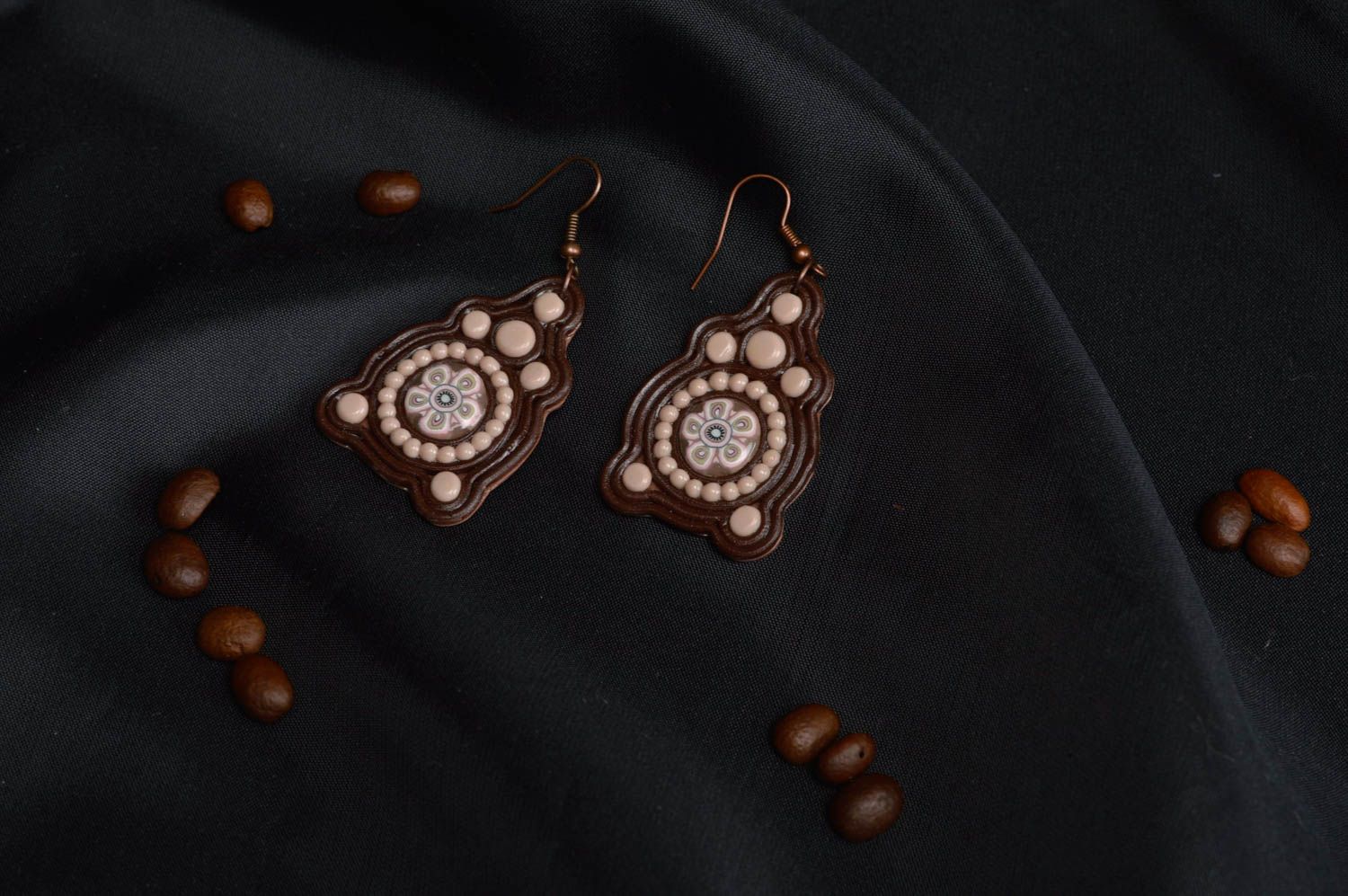 Handmade earrings with charms polymer clay earrings soutache earrings for women photo 1
