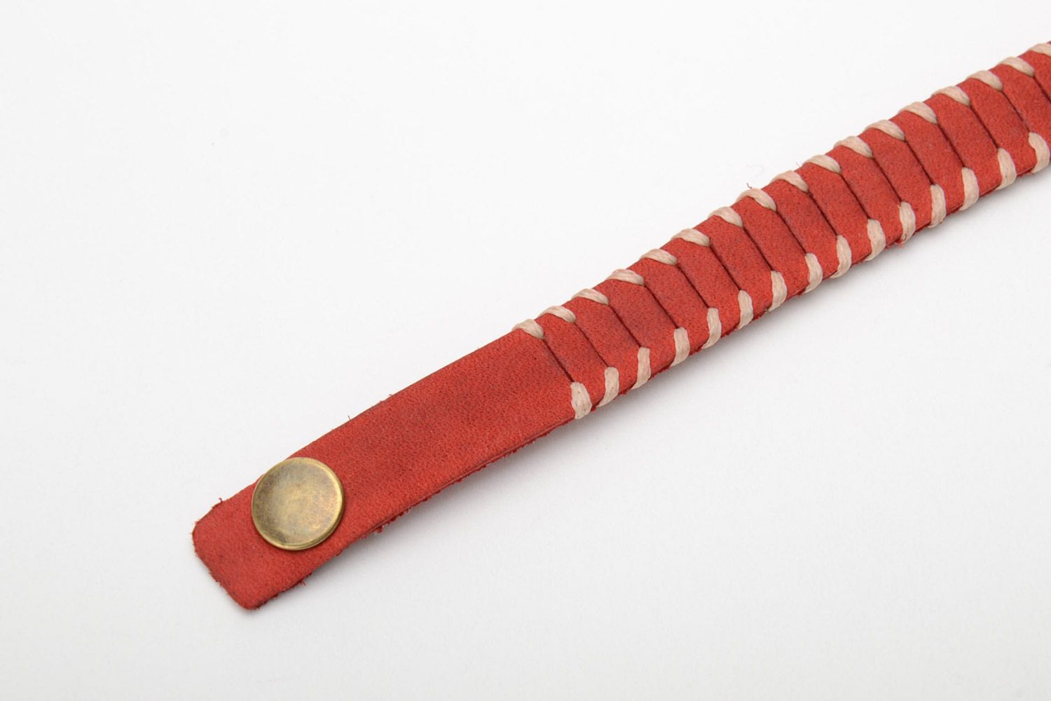 Handmade woven red genuine leather bracelet of middle width with studs photo 5