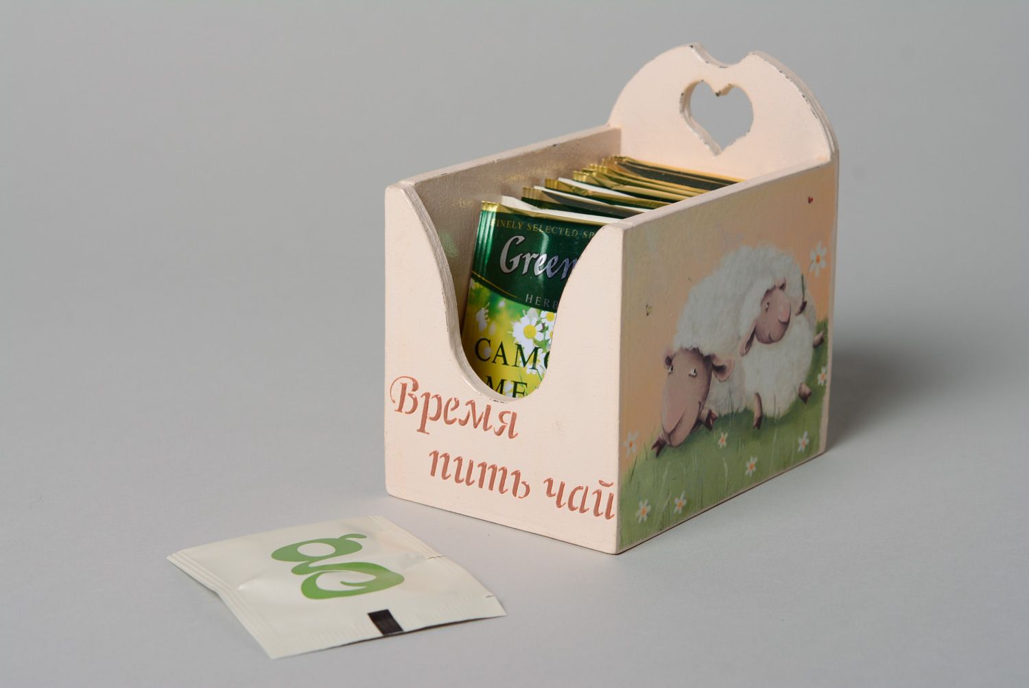 Boîte à sachets de thé en bois décorée faite main Il est temps de boire du thé photo 1