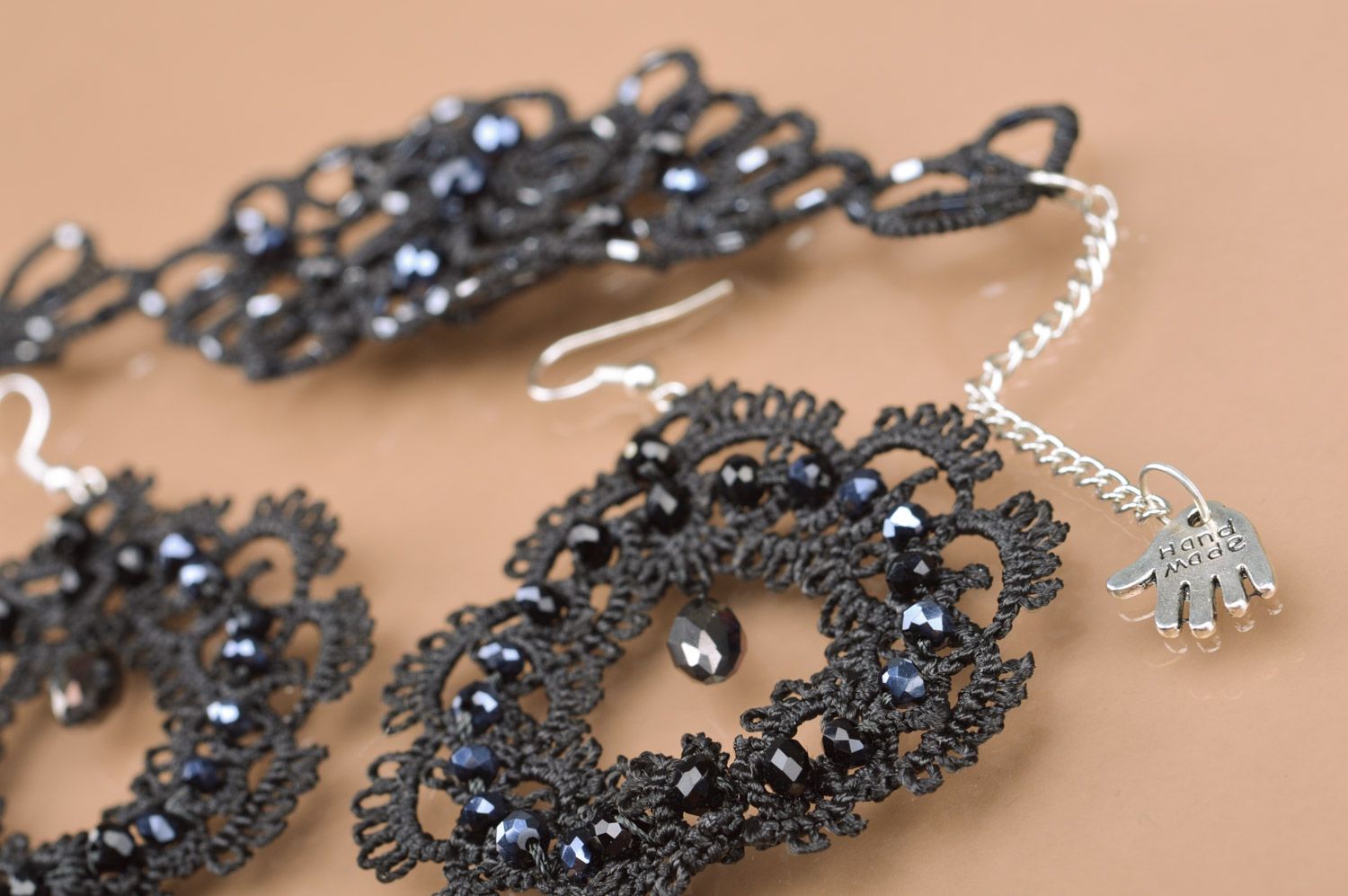 Handmade ankers tatting woven jewelry set two items bracelet and earrings in black color photo 3