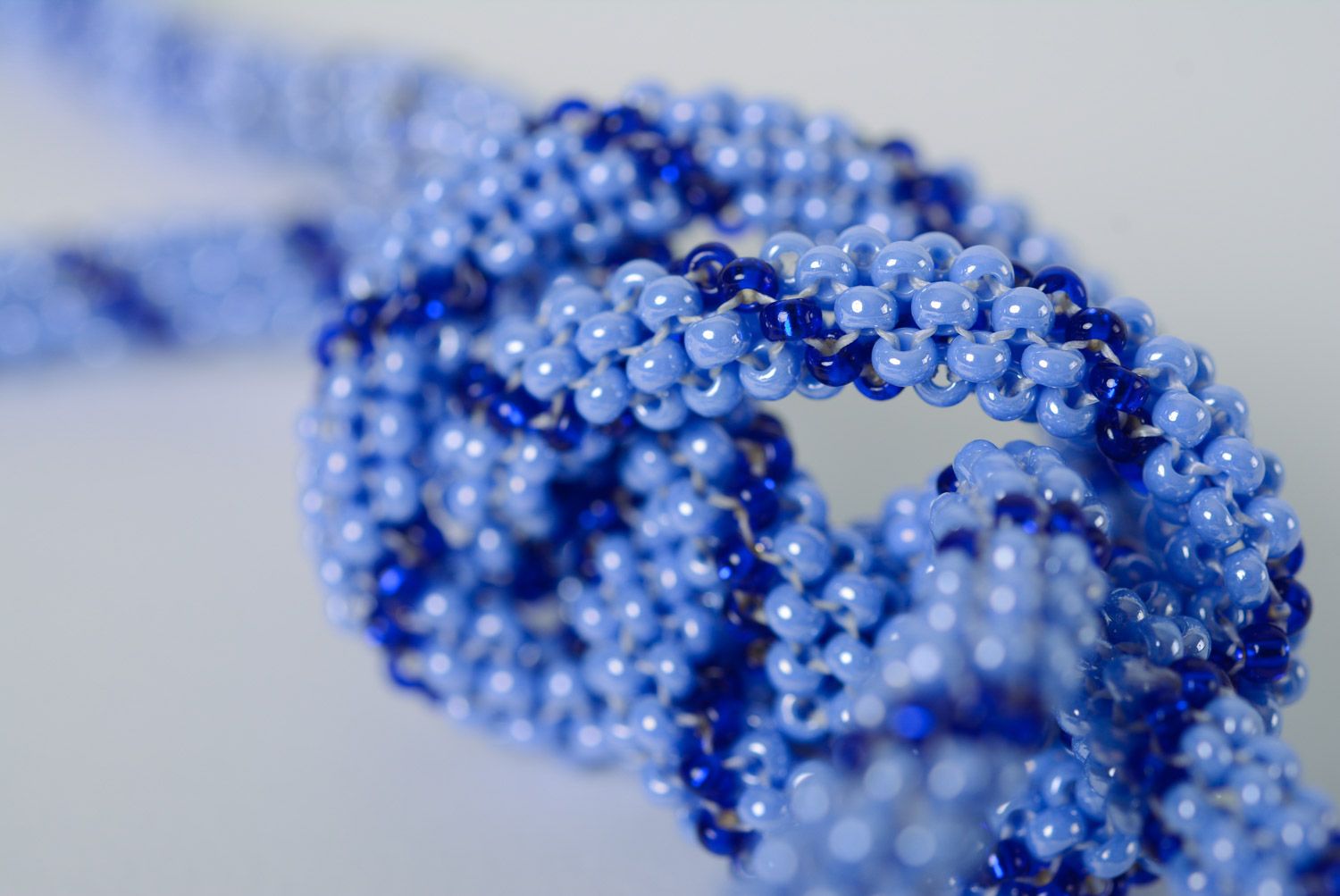 Handmade beautiful long necklace woven of beads in blue color palette for women photo 4
