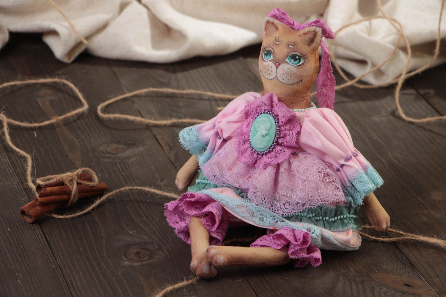 Handmade designer vintage fabric soft toy cat in festive pink dress with lace photo 1