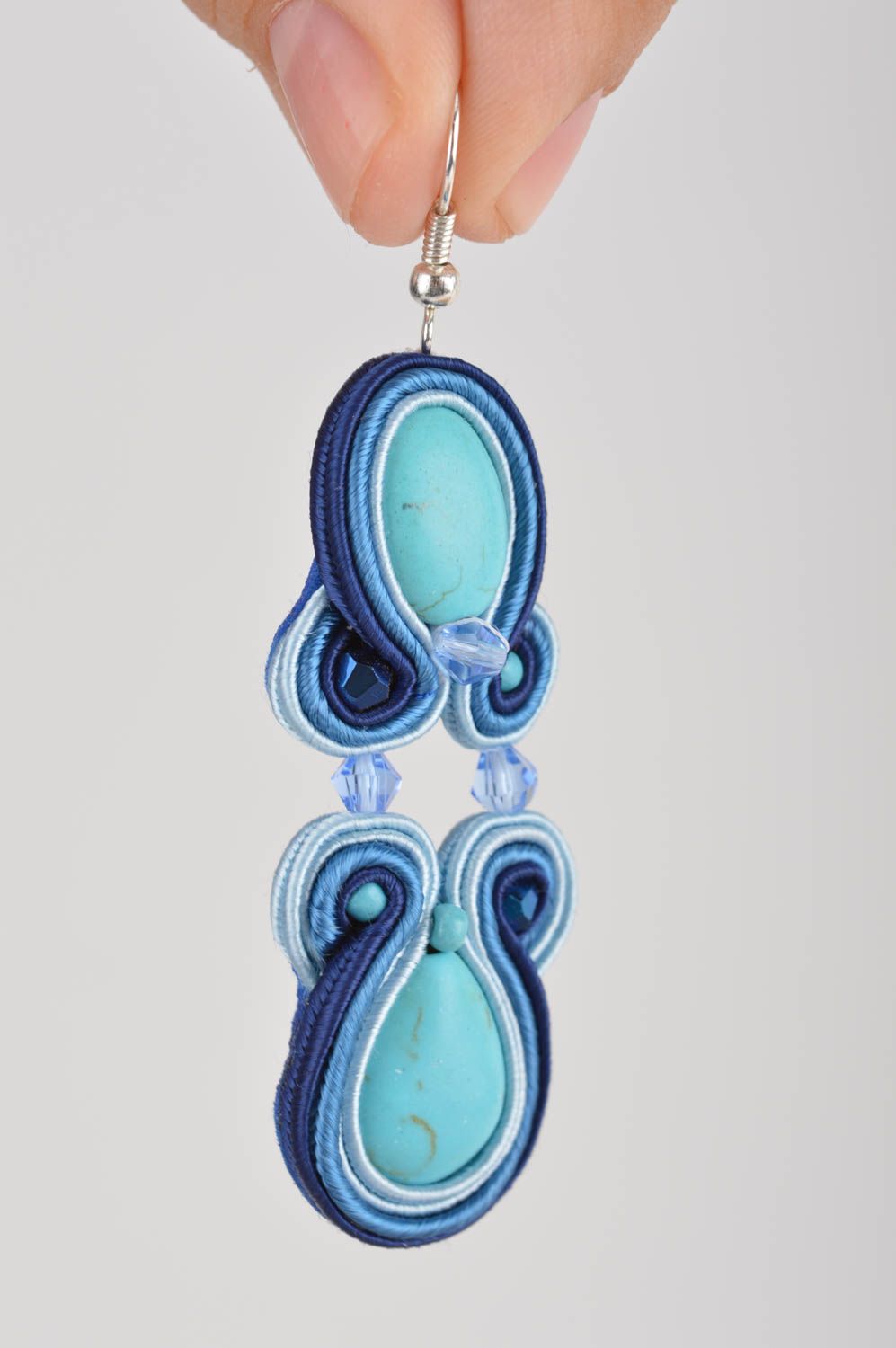 Beautiful handmade stylish designer long textile soutache earrings with beads photo 3