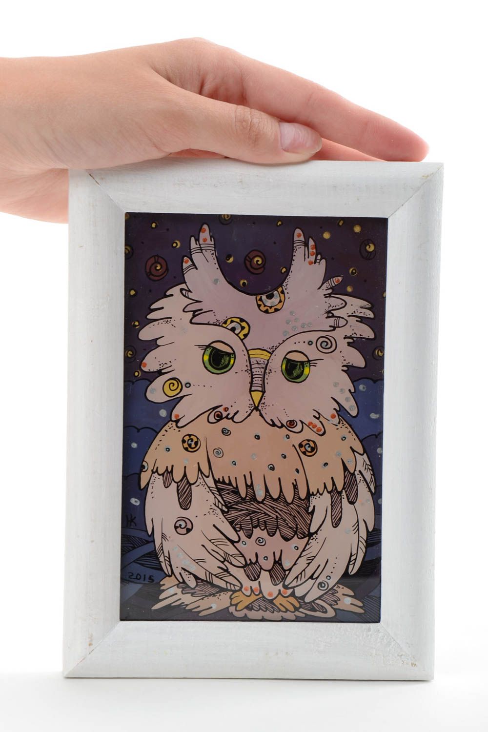 Beautiful homemade oil painting in white wooden frame for home decor Owl photo 5