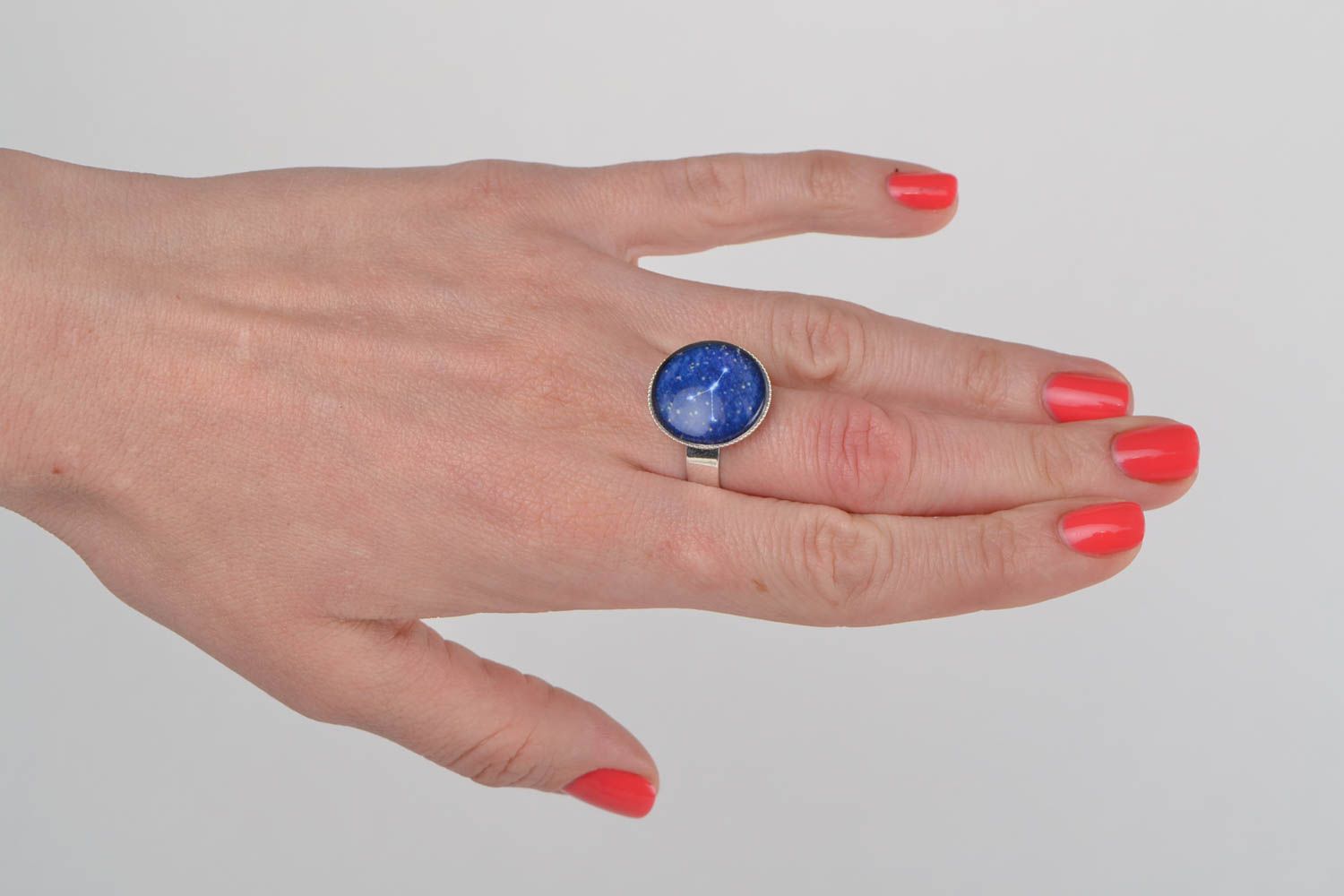 Handmade metal ring with round glass top of blue color Cancer zodiac sign photo 1