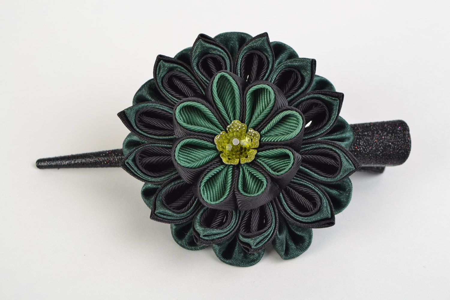 Handmade beautiful hair clip made of satin and rep ribbons with crystal photo 3
