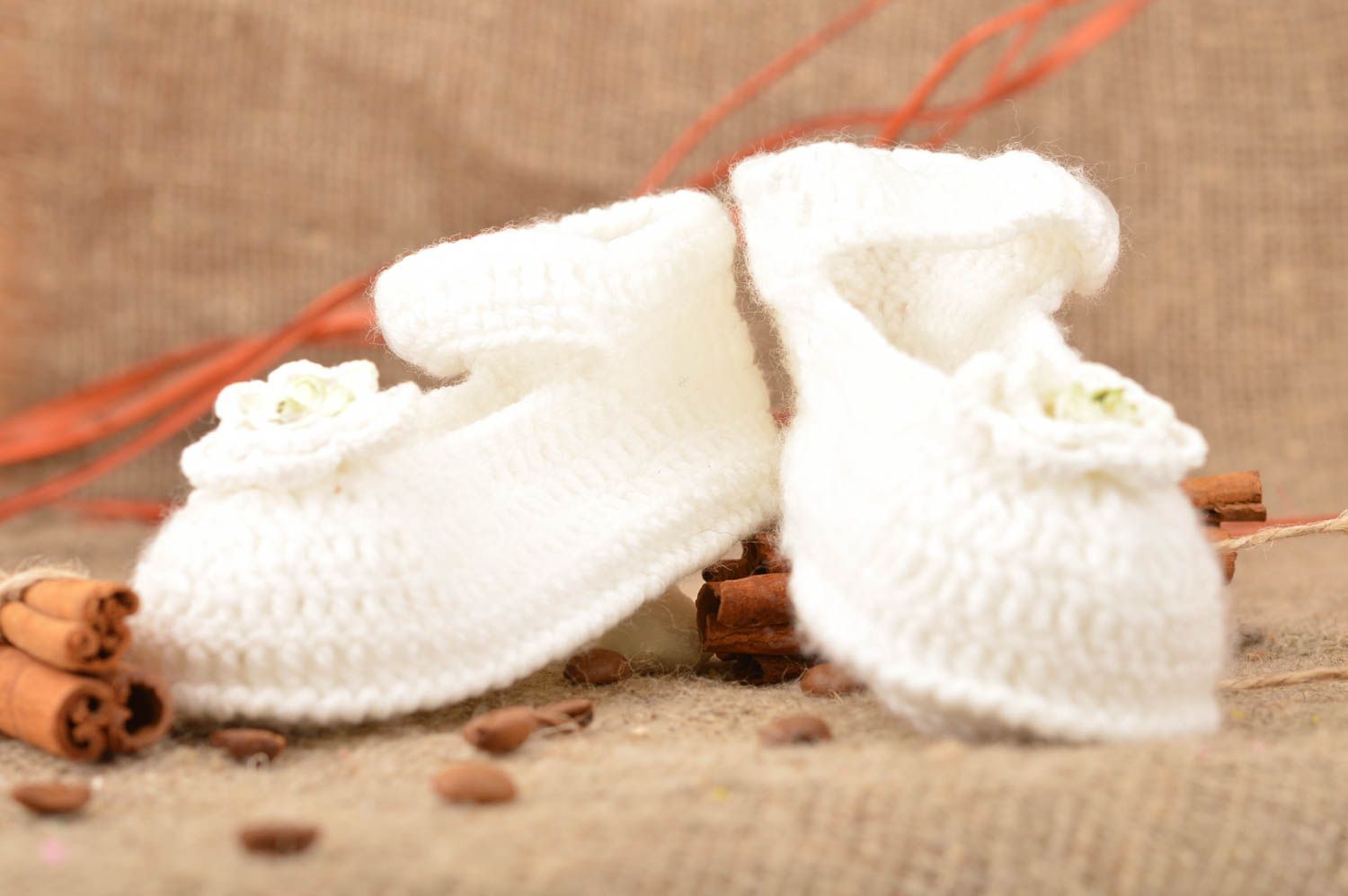 Handmade designer snow white baby booties crocheted of cotton threads kid shoes photo 1
