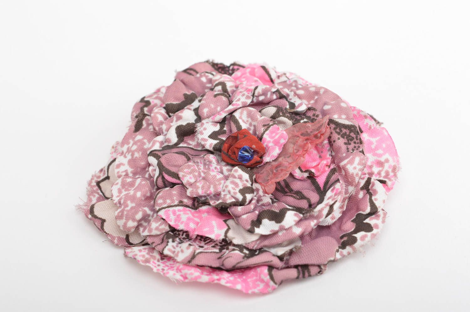 Оригинальная заколка брошь из ткани хлопка в виде цветка розовая ручной работы фото 2