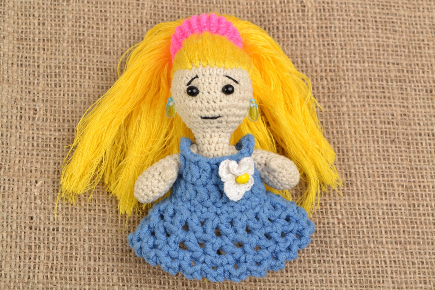 Handmade soft toy crocheted of cotton and acrylic threads Girl with long hair photo 1