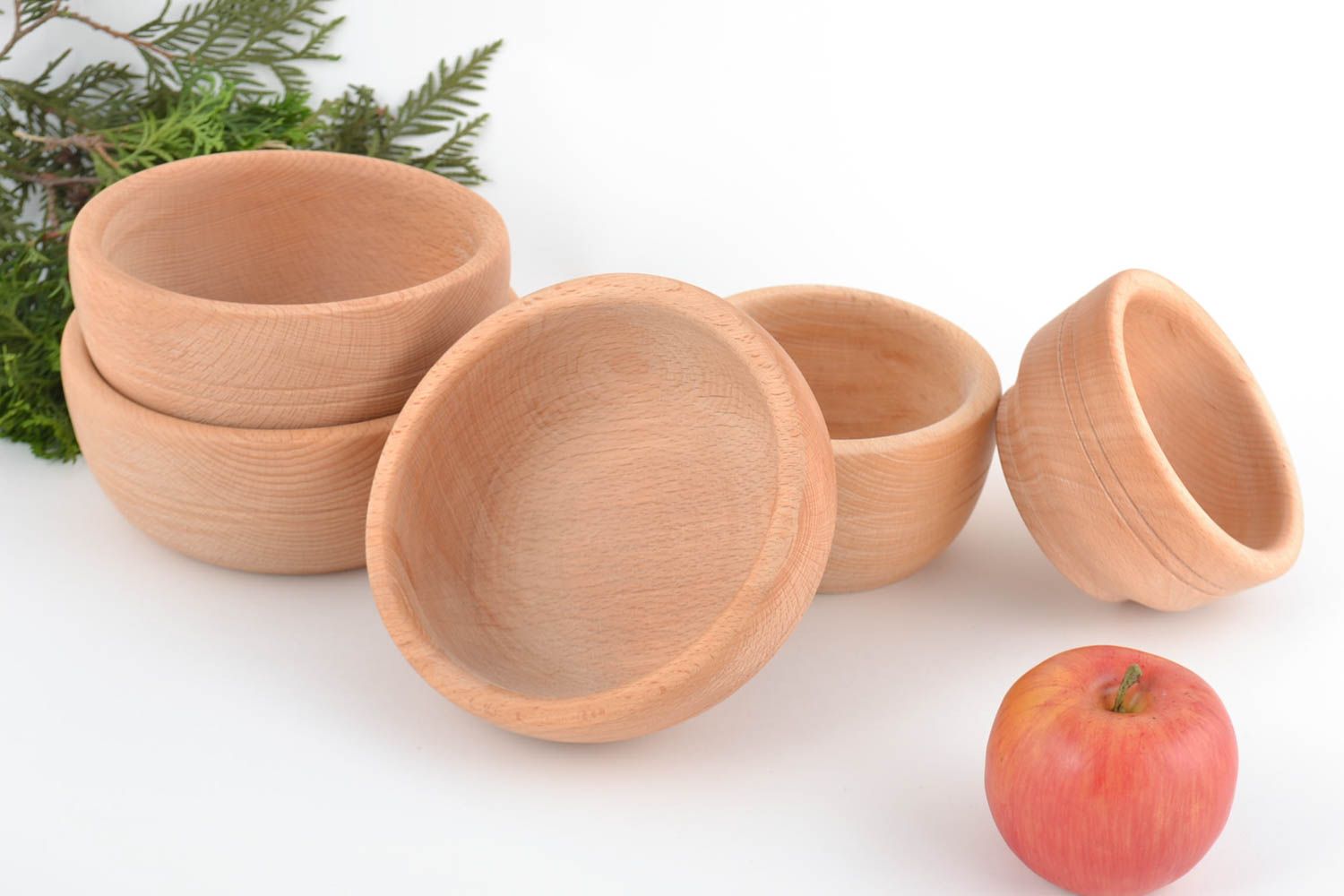 Set of handmade eco wooden bowls 5 pieces of different sizes for kitchen  photo 1
