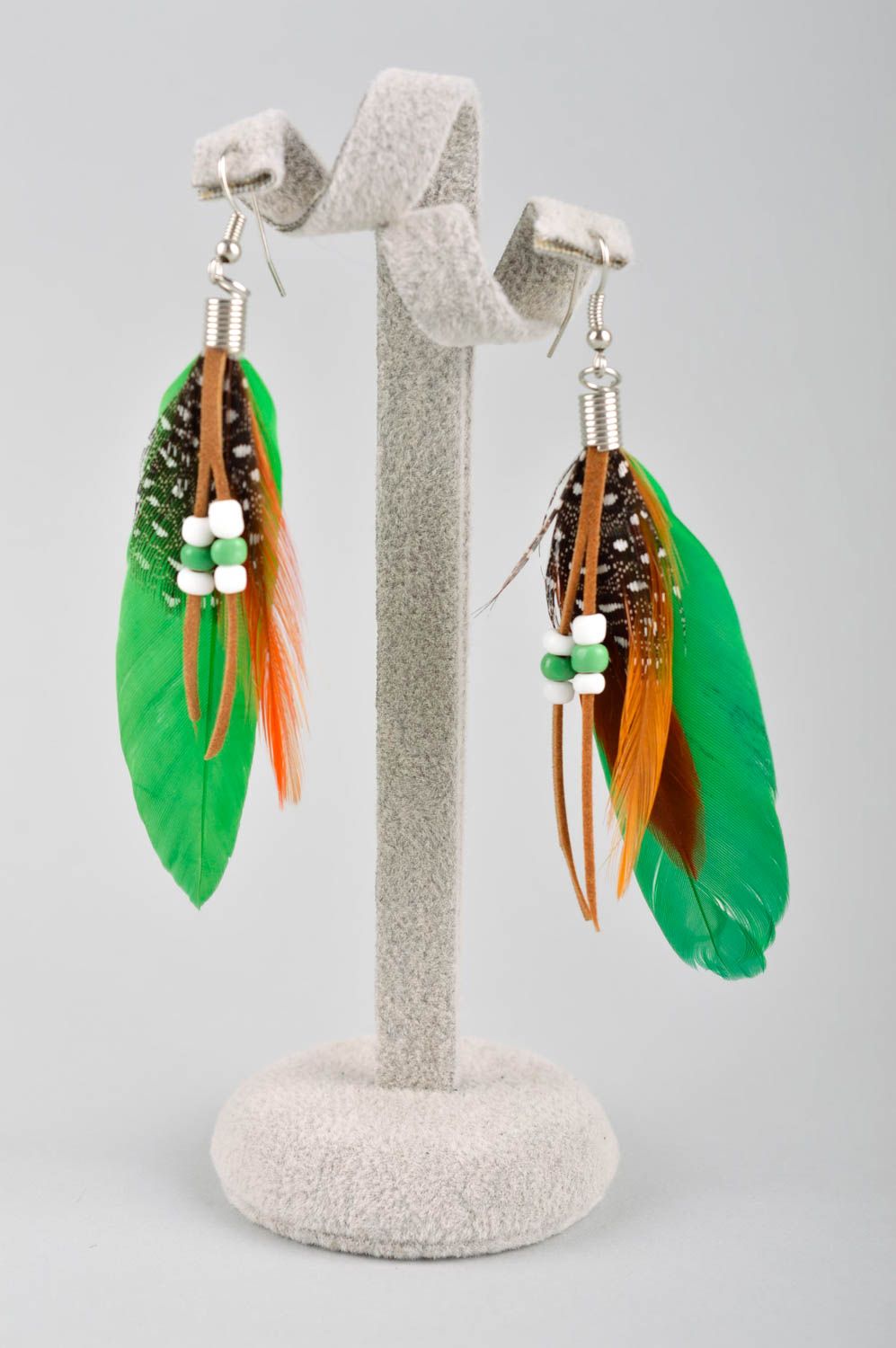 Handmade earrings with charms feather earrings long earrings feather jewelry photo 2