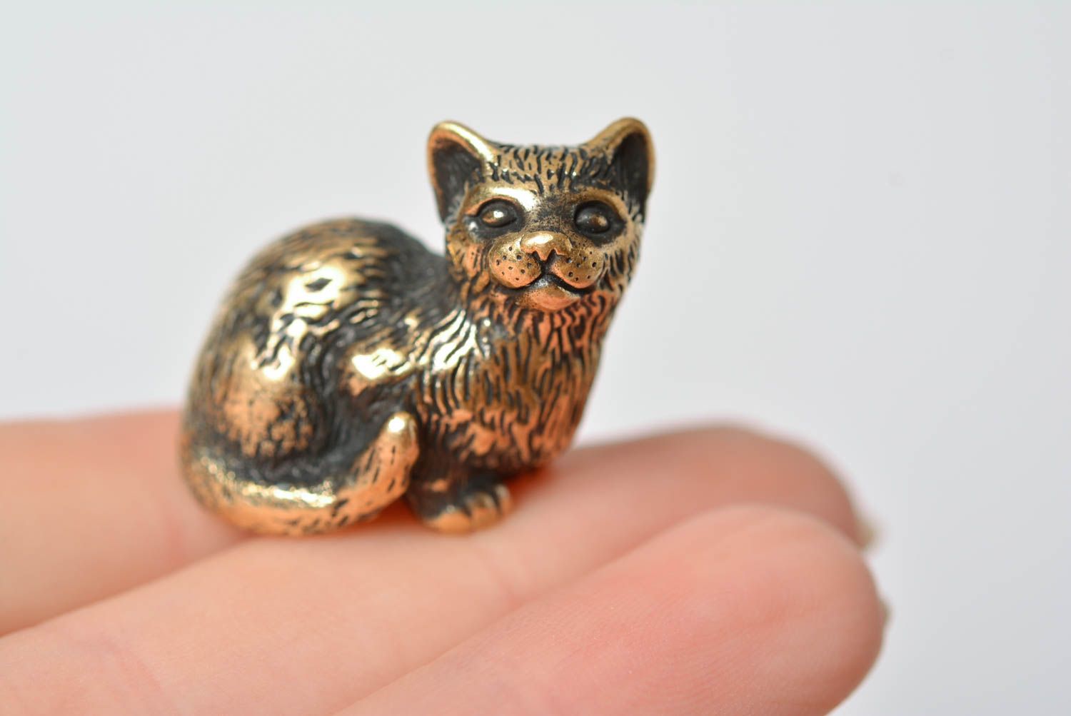 Unusual handmade miniature cast bronze statuette of cat for home decor photo 2