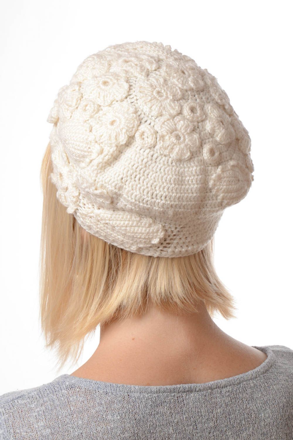 Bonnet tricot Chapeau au crochet fait main blanc original Vêtement femme photo 2