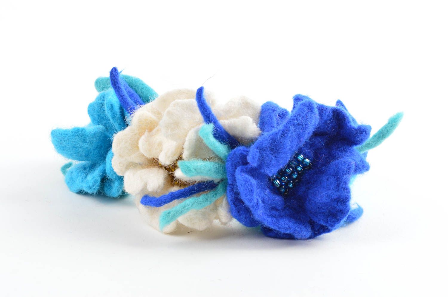 Serre-tête fleurs bleu blanc Bijou fait main laine plastique Accessoire cheveux photo 1