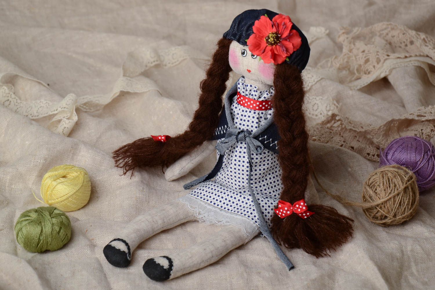 Handmade interior fabric soft toy girl with two long braids in beret with flower photo 1