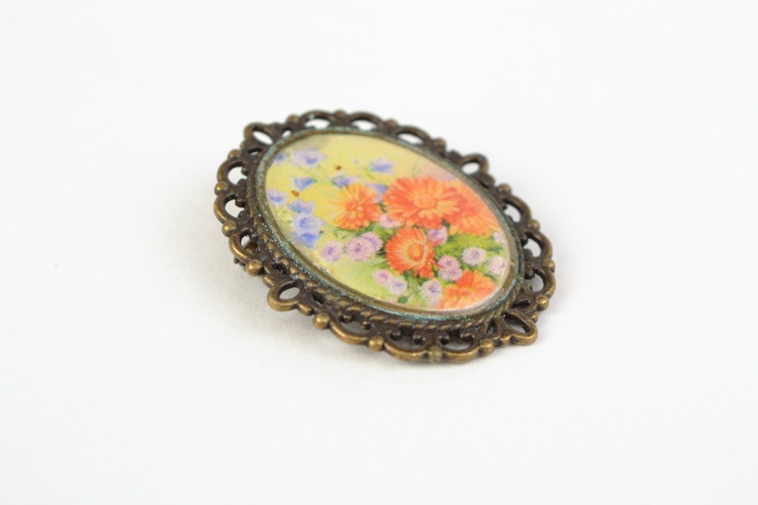 Handmade colorful vintage brooch with floral print coated with epoxy resin  photo 3