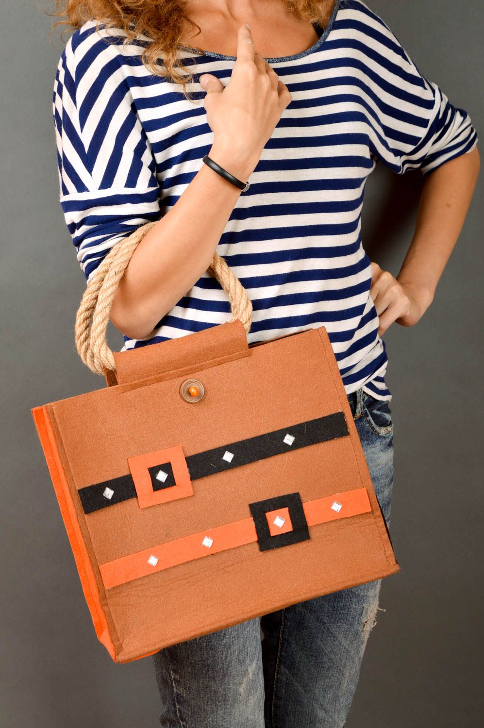 Bolso grande hecho a mano marrón y naranja accesorio de moda regalo para mujer foto 5