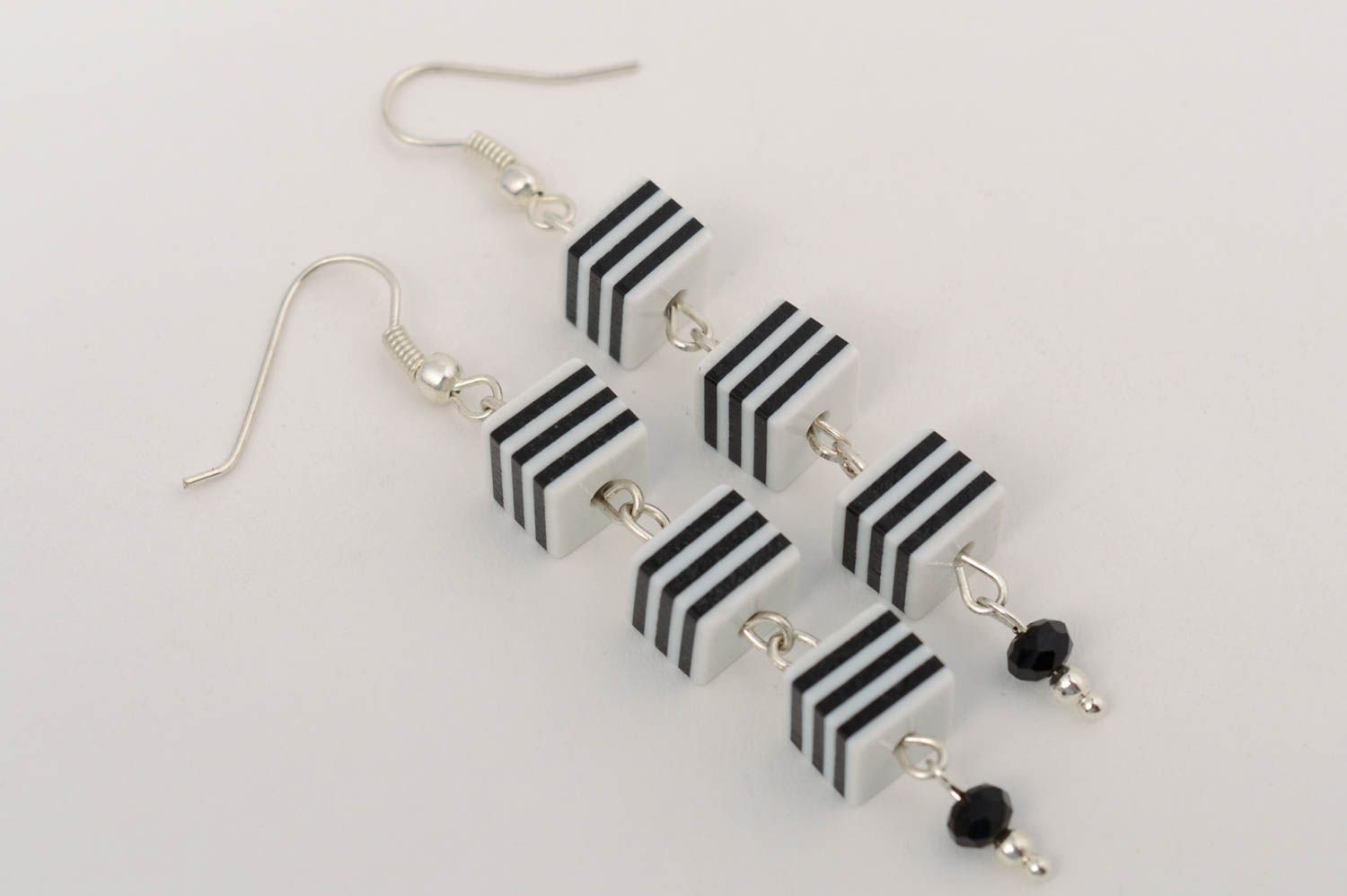 Handmade long dangle striped white and black polymer clay earrings photo 2