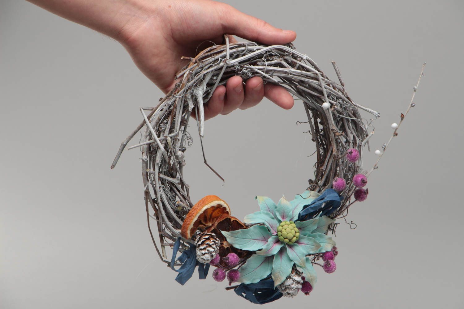 Beautiful handmade wicker door wreath with polymer clay flowers for home decor photo 5