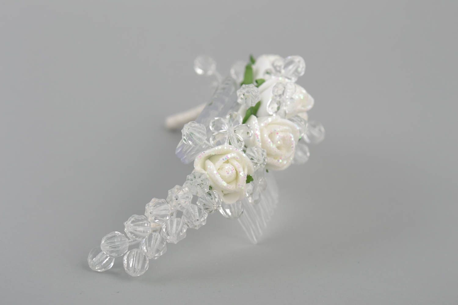 Beautiful white handmade wedding hair slide made of foamiran and satin ribbons photo 4