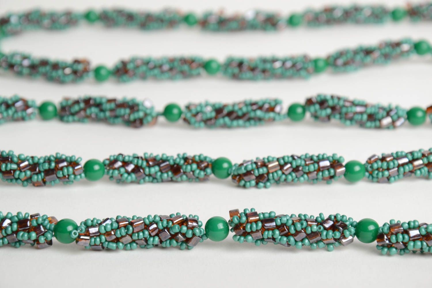 Stylish handmade necklace crocheted of Czech beads in green color palette photo 4