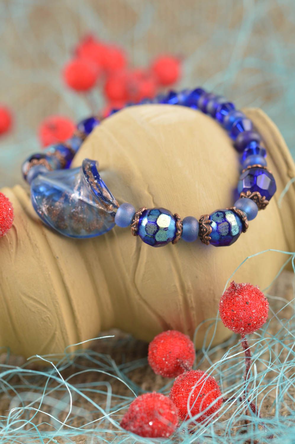 Браслет из бусин украшение ручной работы синий браслет бижутерия красивый фото 1